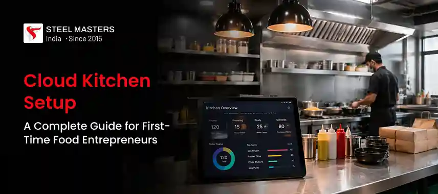 Modern commercial kitchen with digital order tracking on tablet, condiments, and a chef preparing food in the background.